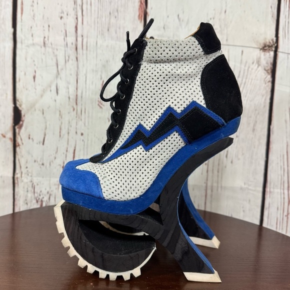 JEFFREY CAMPBELL Blue Suede Mesh high top sneakers wood & rubber platforms 6.5 - Picture 10 of 17